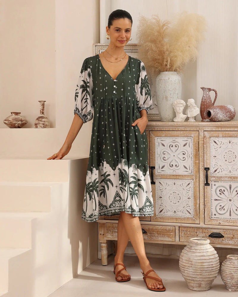 Iris Maxi Dell Midi Dress with Pockets V Neck - Olivine - Style House Fashion Iris Maxi Iris Maxi Iris Maxi Iris Maxi