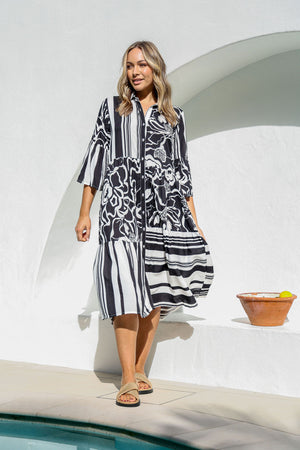 Joop & Gypsy Rosalie Midi Dress with V-Neck Pockets - Black & White