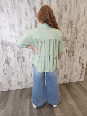 Iris Maxi Sarah Cotton Blouse Top with V-Neck Collar Buttoned Wide Sleeve - Pistachio