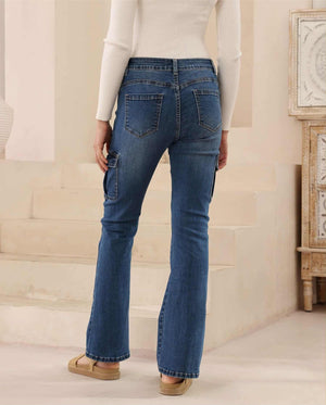 Iris Maxi Jenna Stretch Mid Low Rise Cargo Boot Leg Denim Jeans - Mid Blue