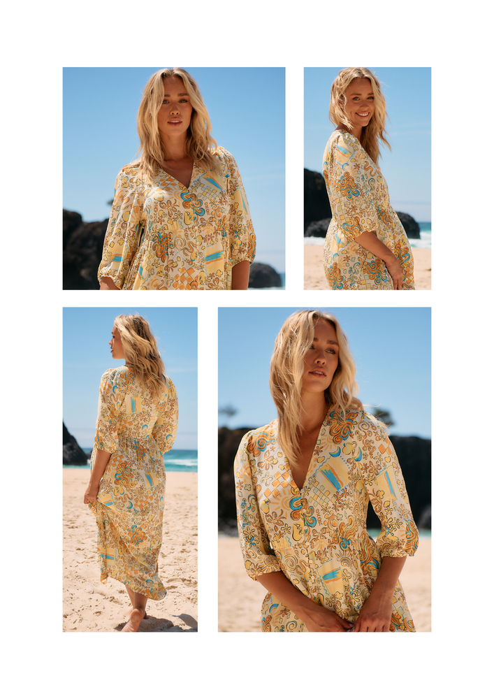 Jaase Ivy Midi Dress with Half Sleeve V Neck Buttons - Sonnie