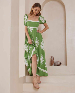 Iris Maxi Meg Maxi Dress with Square Neck Shirred Back Pockets - Sage - Style House Fashion