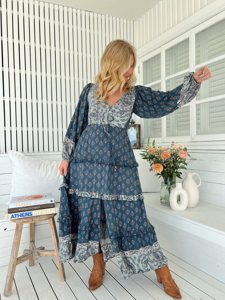 Jaase Luciana Maxi Dress with V Neck Drawstring Billowy Sleeves - Nico - Style House Fashion Jaase Jaase Jaase