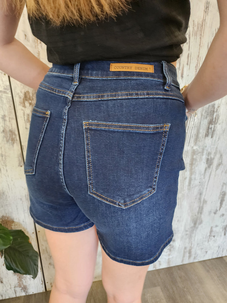 Country Denim Jessie High Rise Stretch Shorts - Dark Blue