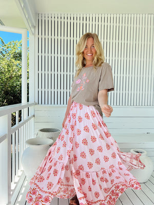 Jaase Daphne Maxi Skirt with Drawstring Waist Buttoned Front - Desert Wildflowers