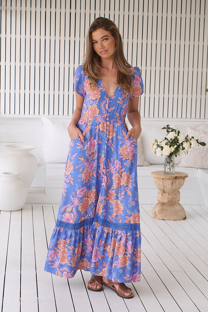 Jaase Carmen Maxi Dress with Cap Shell Sleeve V Neck Pockets - Glastonbury - Style House Fashion Jaase