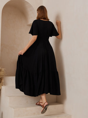 Iris Maxi Stacey Maxi Dress with V Neck Flutter Sleeve Empire Waist - Black