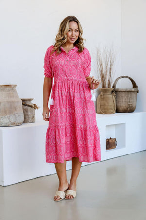 Joop & Gypsy Pink Cotton Midi Dress with V Neck Pockets Tie - Pink