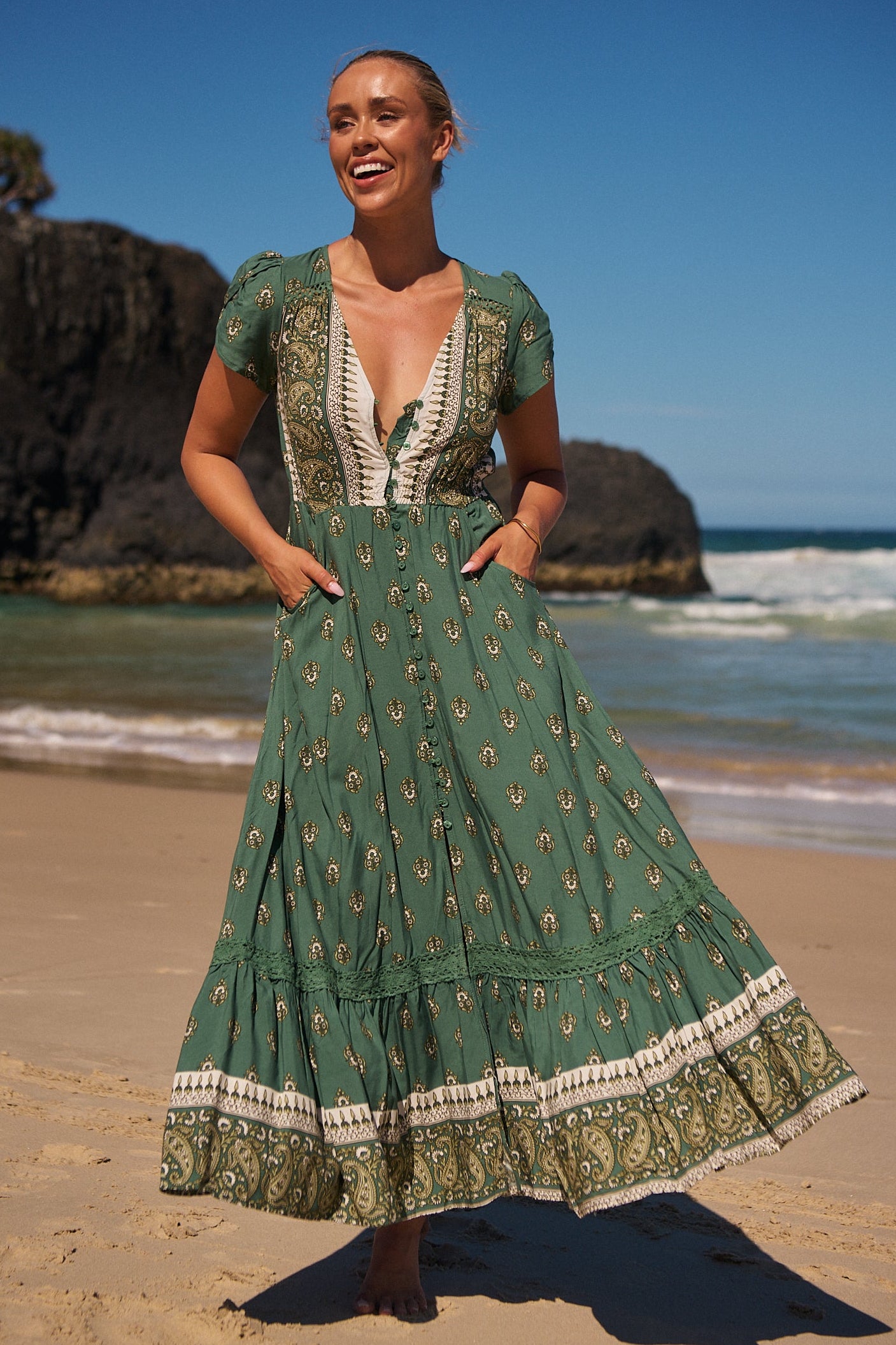 Jaase Carmen Maxi Dress with Cap Shell Sleeve V Neck Pockets Buttoned - Viridian - Style House Fashion Jaase Jaase Jaase Jaase Jaase Jaase