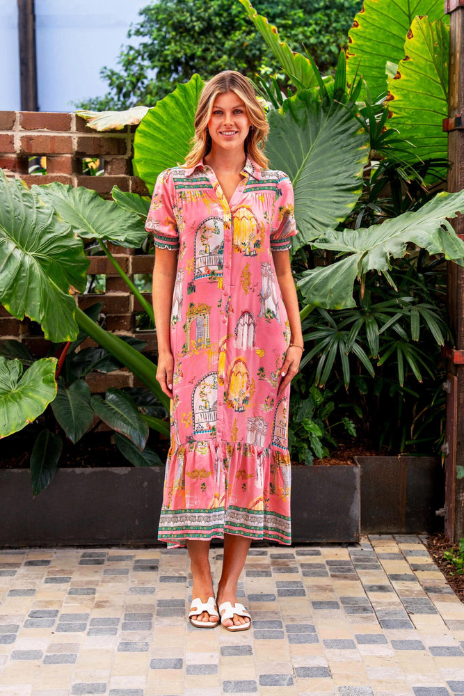 Boho Australia Lynn Midi Dress with V-Neck Buttons Pockets - Pink Oasis