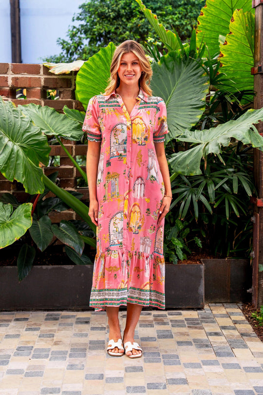 Boho Australia Lynn Midi Dress with V-Neck Buttons Pockets - Pink Oasis