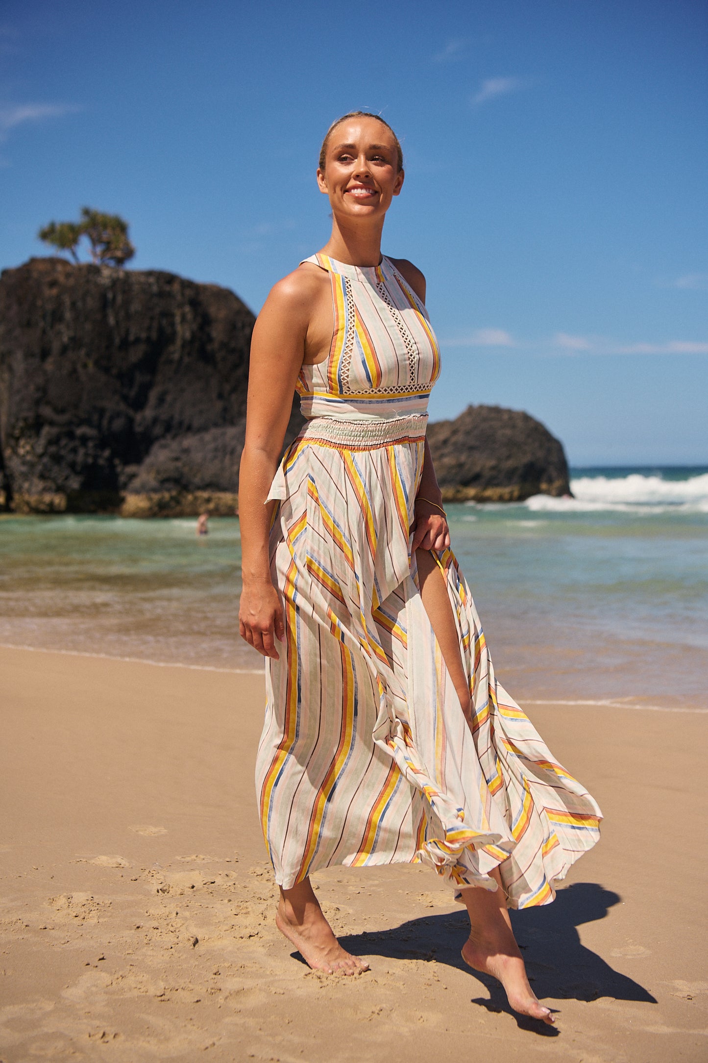 Jaase Endless Summer Maxi Dress with Halter Neck Tie Back Full Skirt - Coloured Sands - Style House Fashion Jaase