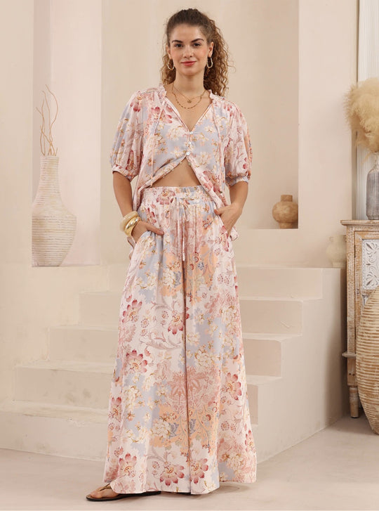 Iris Maxi Palazzo Pants with Drawstring Waist Wide Leg - Rosewater