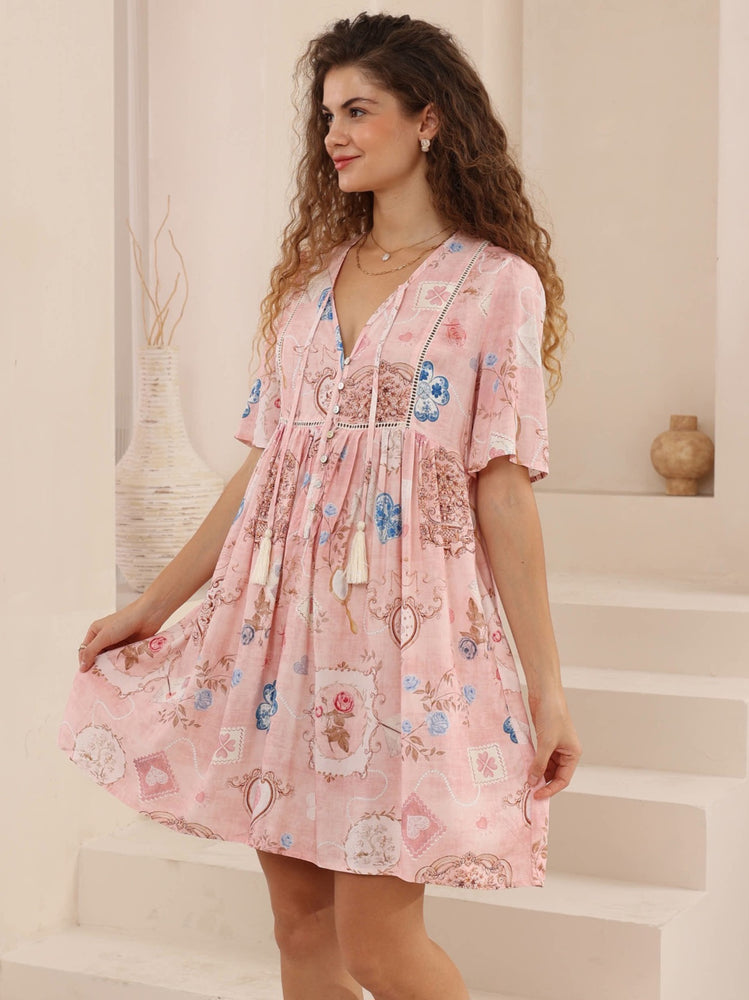 Iris Maxi Anna Mini Dress with V Neck Buttons Pockets - Lorraine