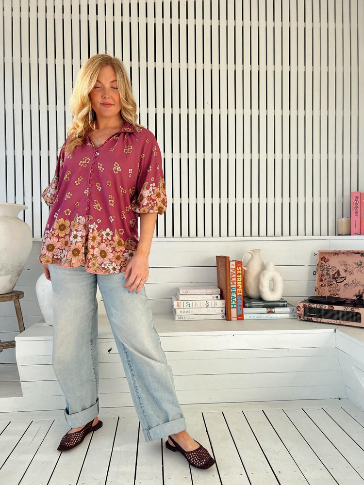 Jaase Arden Blouse with V-Neck Buttoned Half Sleeve Elastic Cuff - Bee Orchid - Style House Fashion Jaase