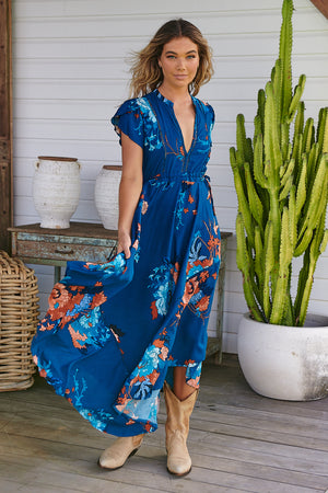 Jaase Asher Maxi Dress with V Neck Shell Sleeve Hankerchief Skirt - Carnival - Style House Fashion Jaase