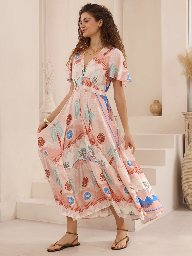 Iris Maxi Stacey Maxi Dress with V Neck Flutter Sleeve Empire Waist - Leia