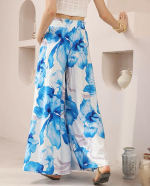 Iris Maxi Palazzo Pants with Drawstring Waist Wide Leg - Blue Hibiscus - Style House Fashion Iris Maxi