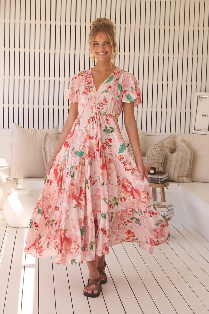 Jaase Teresia Maxi Dress with Flutter Sleeve V Neck Button Bodice Drawstring Waist - Alessia - Style House Fashion Jaase Jaase