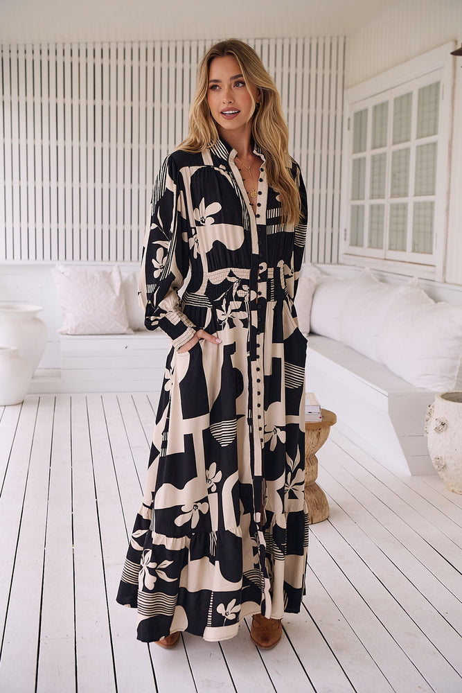 Jaase - Stella Maxi Dress Long Sleeve Shirred Waist - Genevieve Collection - Style House Fashion Jaase