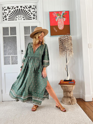 Jaase Meadow Maxi Dress with V Neck Button Bodice - Viridian - Style House Fashion Jaase