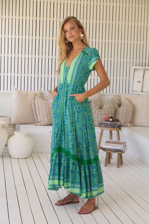 Jaase Carmen Maxi Dress with Cap Shell Sleeve V Neck Pockets Buttoned - Tranquility - Style House Fashion Jaase