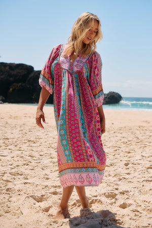 Jaase Boheme Midi Dress with Mandarin Collar V Neck Pockets - Cedella - Style House Fashion Jaase