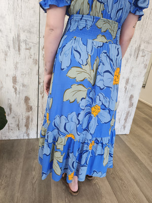 Jaase Rini Midi Dress V Neck Off Shoulder Elastic Waist - Blue Bell - Style House Fashion Jaase