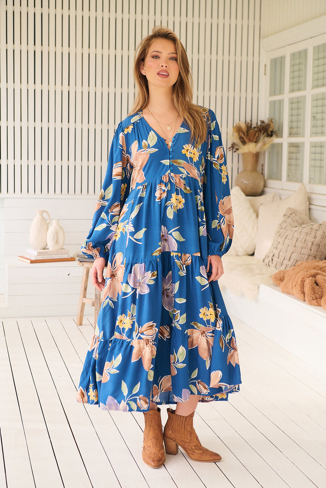 Jaase Eve Midi Dress with V-Neck Buttons Long Sleeve - Georgia Blue - Style House Fashion Jaase Jaase