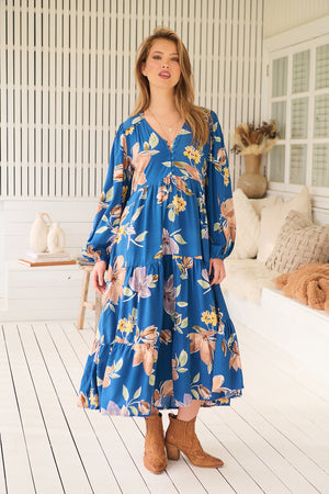Jaase Eve Midi Dress with V-Neck Buttons Long Sleeve - Georgia Blue - Style House Fashion Jaase Jaase