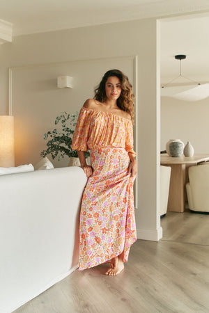 Jaase Hallie Maxi Dress with Off Shoulder A-Line Skirt Puff Sleeve - Crystal - Style House Fashion Jaase