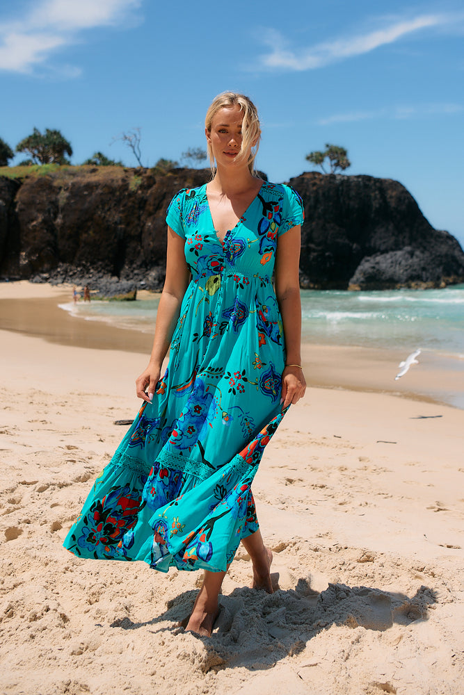 Jaase Carmen Maxi Dress with Cap Shell Sleeve V Neck Pockets Buttoned - Isla Mare - Style House Fashion Jaase Jaase Jaase