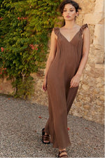 Little Lies Palomona Cotton Maxi Dress with V Neck Ruffle Shoulder Straps - Chocolate - Style House Fashion