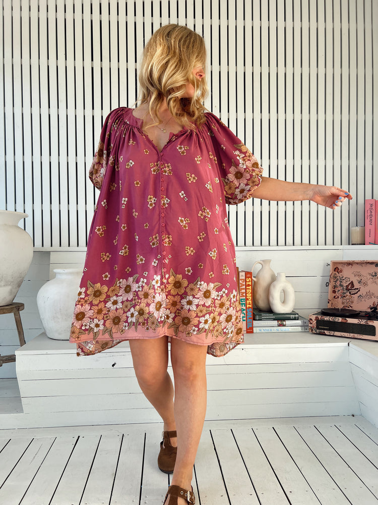 Jaase Evelyn Mini Dress with Pockets V Neck Buttoned Relaxed Shift - Bee Orchid - Style House Fashion Jaase