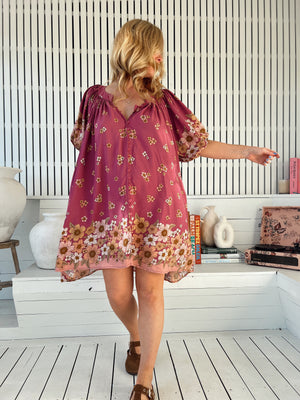 Jaase Evelyn Mini Dress with Pockets V Neck Buttoned Relaxed Shift - Bee Orchid - Style House Fashion Jaase