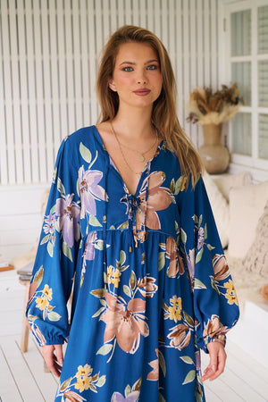 Jaase Penny Midi Dress with V-Neck Ties Elastic Cuff Sleeve - Georgia Blue - Style House Fashion Jaase