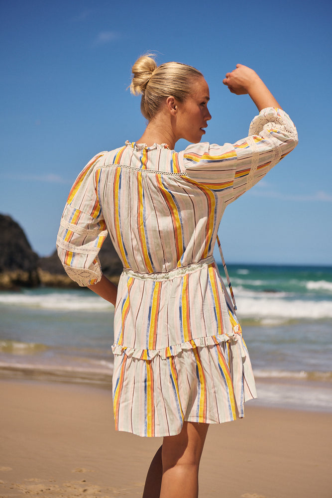 Jaase Remy Mini Dress with Pockets Drawstring Waist Half Sleeve Button Bodice - Coloured Sands - Style House Fashion Jaase Jaase