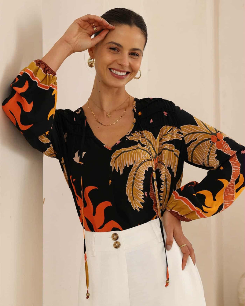 Iris Maxi Anna Cotton Blouse with V Neck Longline Back Billowy Sleeve - Sunburst