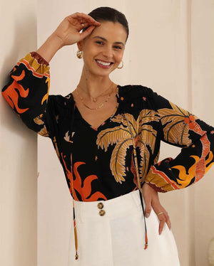 Iris Maxi Anna Cotton Blouse with V Neck Longline Back Billowy Sleeve - Sunburst