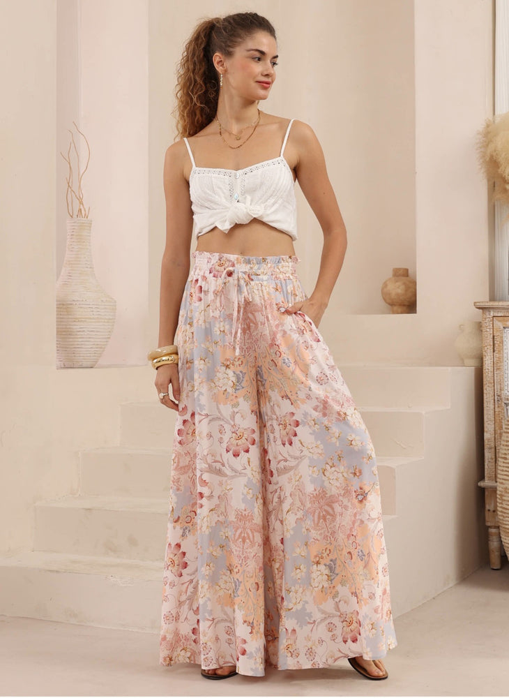 Iris Maxi Palazzo Pants with Drawstring Waist Wide Leg - Rosewater