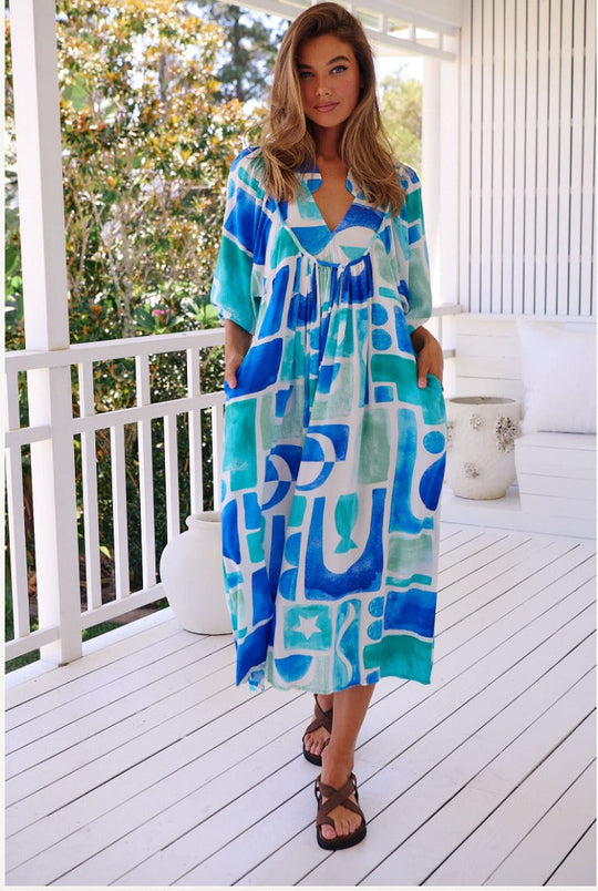 Jaase Boheme Midi Dress with Mandarin Collar V Neck Pockets - Maldives