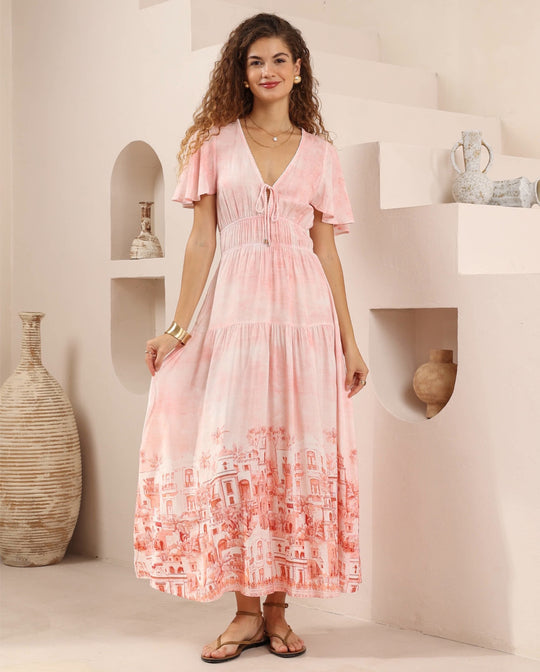 Iris Maxi Cate Maxi Dress with V-Neck Flutter Sleeve - Remi