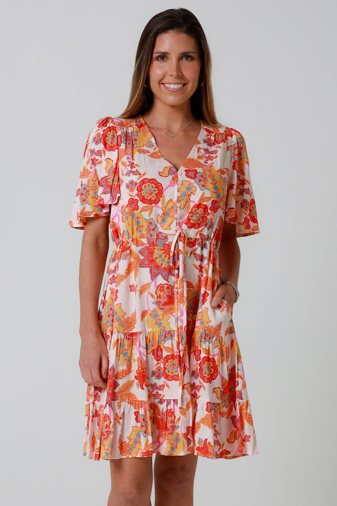 Isabella Mira Mini Dress with V-Neck Pockets - Citrus Crush