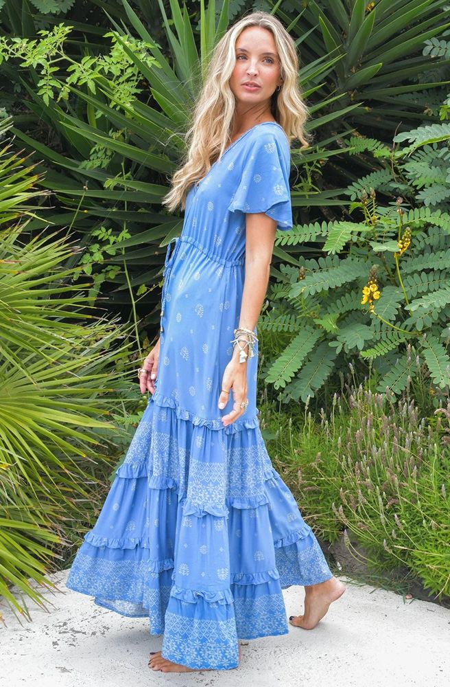 Jaase Lolana Maxi Dress with V Neck Flutter Sleeve Drawstring - Azure Sky - Style House Fashion Jaase