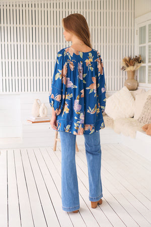 Jaase Adela Blouse Tunic with Buttoned Bodice V Neck - Georgia Blue - Style House Fashion Jaase