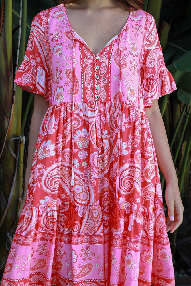 Isabella Delilah Mini Dress with V-Neck Buttons Pockets - Pink Crush