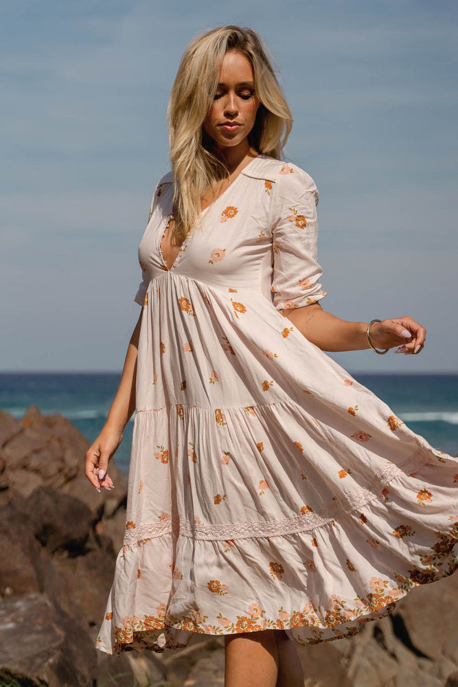 Jaase Eve Midi Dress with Lace V-Neck Buttons Half Sleeve - Vintage Sol - Style House Fashion Jaase Jaase