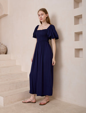 Iris Maxi Sienna Jumpsuit with Shirred Bodice Pockets  - Navy - Style House Fashion Iris Maxi