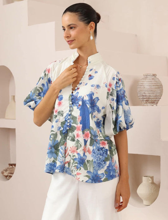 Iris Maxi Mia Cotton Blouse Top with V-Neck Puff Sleeve Buttons - Hydrangea