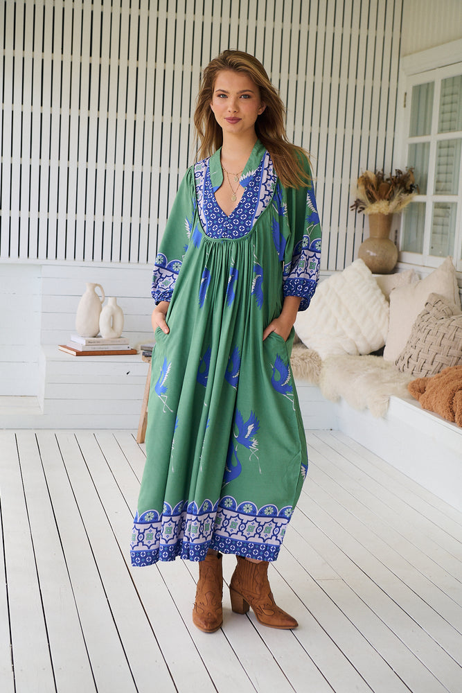 Jaase Boheme Midi Dress with Mandarin Collar V Neck Pockets - Bluebird - Style House Fashion Jaase